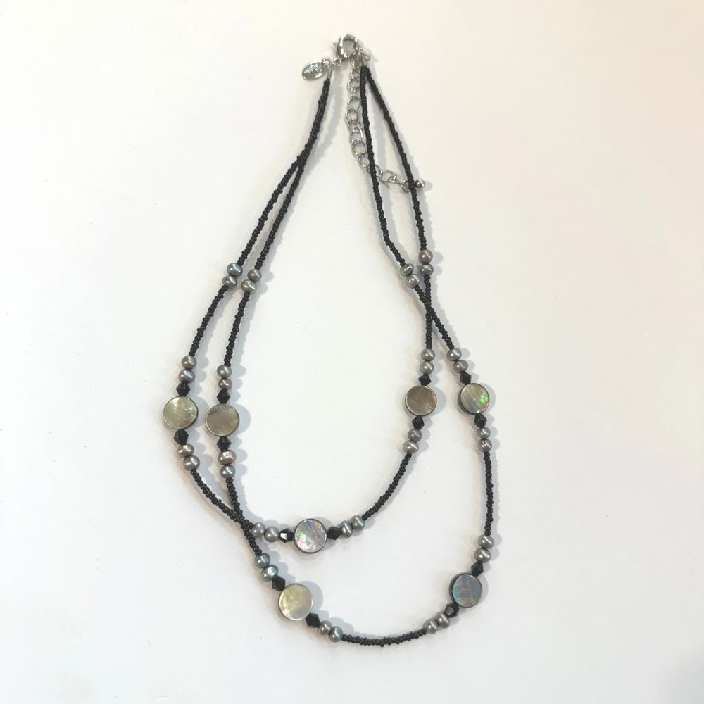 Lia Sophia Daybreak Double Strand Grey Pearl Shell Black Crystal Beaded Necklace